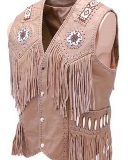 Western Beige Buckskin Leather Native American Beaded Fringe Vest VJ10