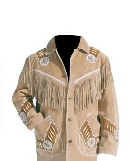 Western Beige Buckskin Leather Native American Beaded Fringe Jacket FJ1010