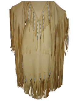 Woman’s Native American Tan Buckskin Leather Fringes Wedding Dress Powwow Regalia WD23