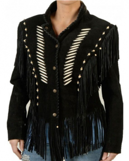 Western Woman’s Black Buckskin Suede Leather Fringes Cow Girl Jacket WJ10117