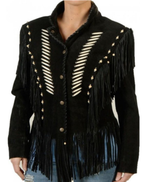 Western Woman's Black Buckskin Suede Leather Fringes Cow Girl Jacket WJ10117
