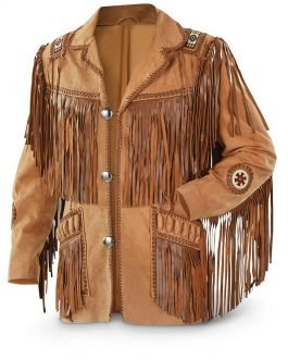 Western Brown Suede Leather Beaded Jacket FJ1012