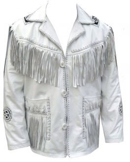 Western White Buckskin Leather Native American Beaded Fringe Jacket FJWH12