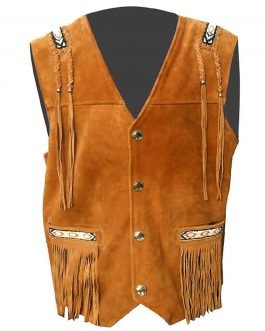 Western Brown Buckskin Suede Leather Native American Turtle Beaded Fringe Vest VJ1013