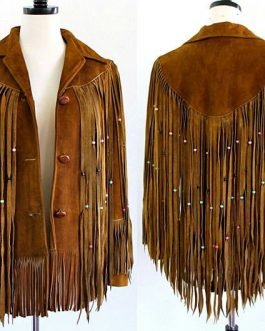 Western Native Woman’s Brown Buckskin Suede Leather Fringes Long Coat / Jacket WJ1132