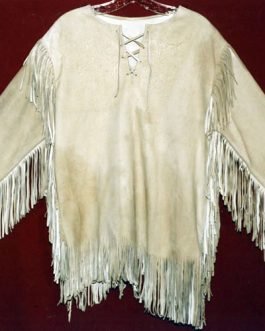 Mens Mountain Man Beige Buckskin Suede Leather Fringes Native American War Shirt MM139