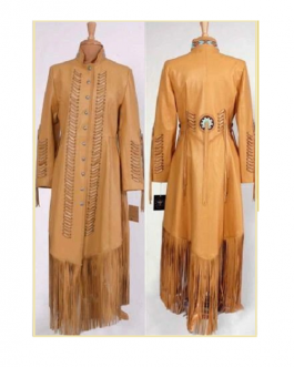 Woman’s Native American Tan Buckskin Leather Fringes Wedding Dress Powwow Regalia WLC149