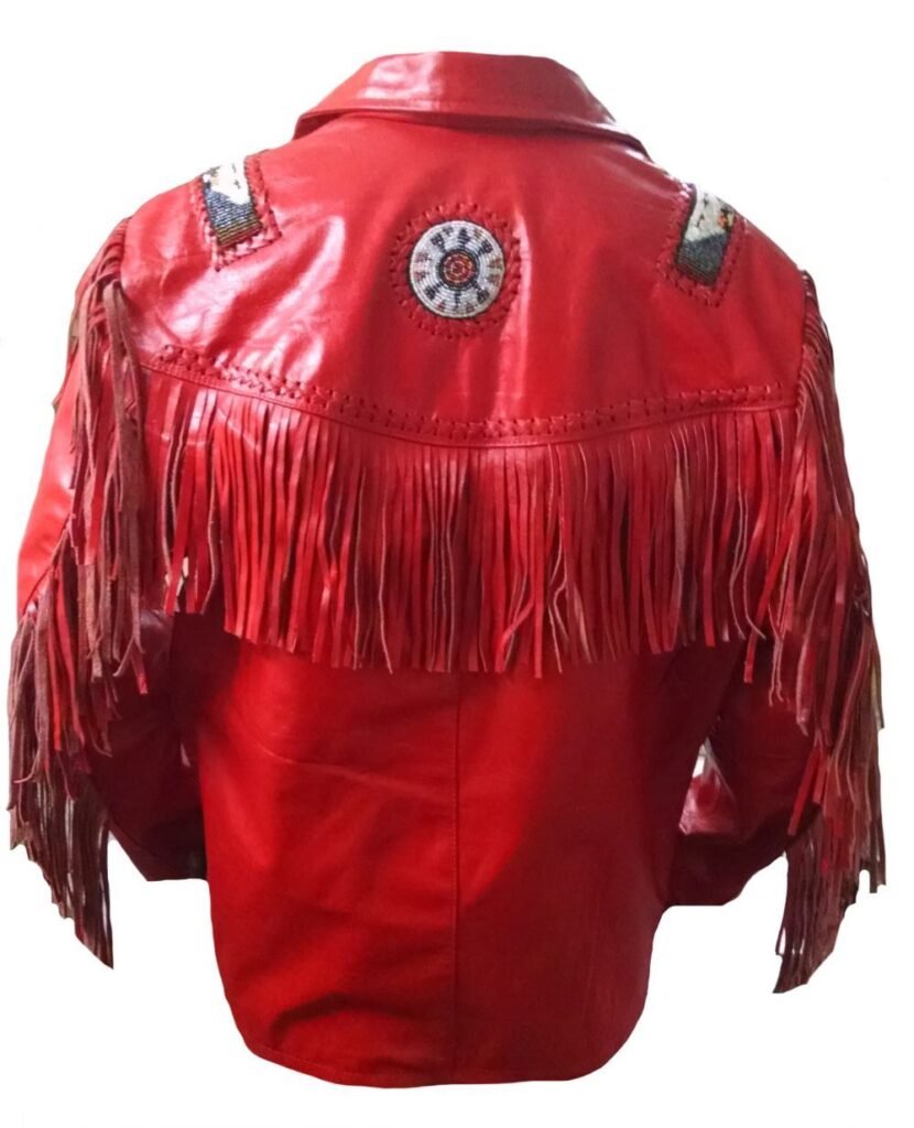 Western Red Buckskin Leather Native American Beaded Fringe Jacket FJ1015 MyPowwowStore