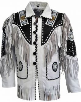 Western Beige Buckskin Leather Native American Beaded Fringe Jacket FJ1016