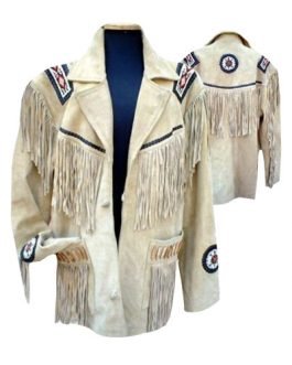 Western Beige Buckskin Leather Native American Beaded Fringe Jacket FJ1017