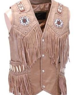 Western Beige Buckskin Leather Native American Beaded Fringe Vest VJ10