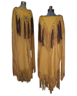 Woman’s Native American Tan Buckskin Leather Fringes Wedding Dress Powwow Regalia WD02