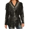 Western Woman's Black Buckskin Leather Fringes Cow Girl Jacket WJ1020