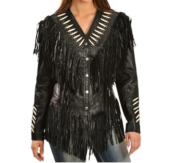 Western Woman's Black Buckskin Leather Fringes Cow Girl Jacket WJ1020