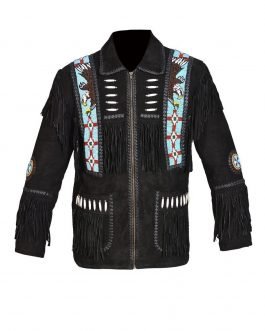 Western Black Buckskin Leather Native American Eagle Beaded Fringe Jacket FJ1021