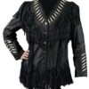 Western Woman's Black Buckskin Leather Fringes Cow Girl Jacket WJ1020