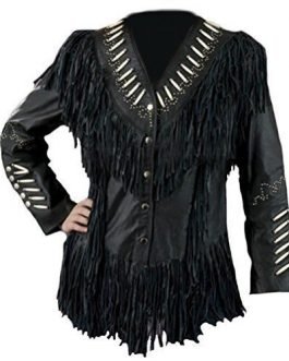 Western Woman’s Black Buckskin Leather Fringes Cow Girl Jacket WJ1020