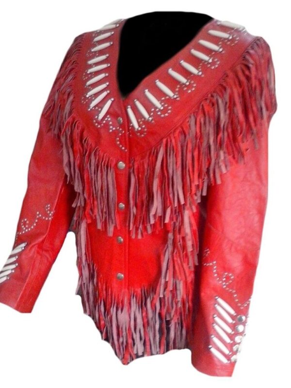 Western Woman's Red Buckskin Leather Fringes Cow Girl Jacket WJ1021