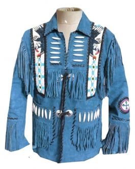 Western Blue Buckskin Leather Native American Eagle Beaded Fringe Jacket FJ1022