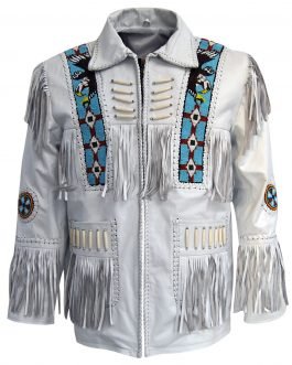 Western White Buckskin Leather Native American Eagle Beaded Fringe Jacket FJWH21