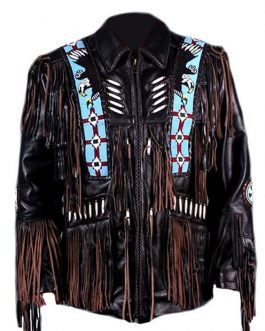 Western Black Buckskin Leather Native American Eagle Beaded Fringe Jacket FJBL21