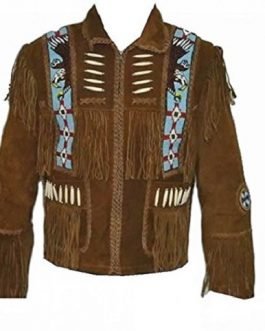 Western Olive Green Buckskin Leather Native American Eagle Beaded Fringe Jacket FJ1024