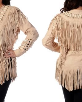 Western Woman’s Beige Buckskin Suede Leather Fringes Cow Girl Jacket WJ1022