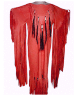 Woman’s Native American Red Buckskin Leather Fringes Wedding Dress Powwow Regalia WD1124