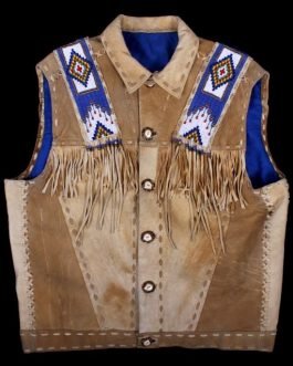 Western Beige Buckskin Suede Leather Native American Beaded Fringe Vest VJ1023