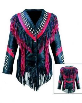 Western Woman’s Black & Pink Buckskin Leather Fringes Cow Girl Jacket WJ1023