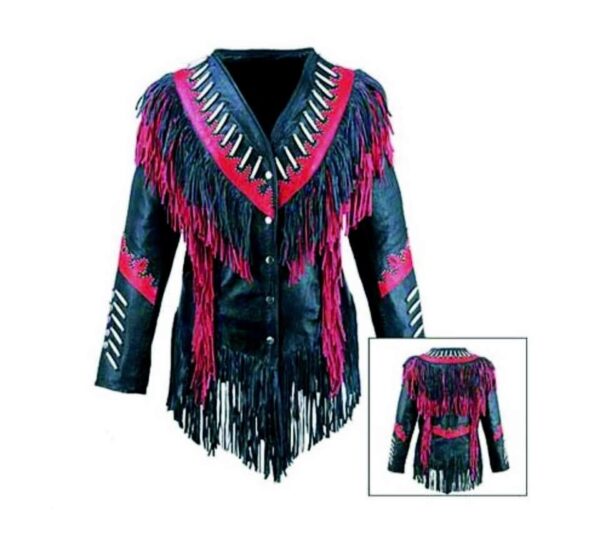 Western Woman's Black & Pink Buckskin Leather Fringes Cow Girl Jacket WJ1023