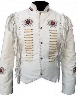 Western White Buckskin Leather Native American Beaded Fringe Jacket FJWH23