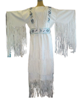 Woman’s Native American White Buckskin Leather Fringes Wedding Dress Powwow Regalia WD24