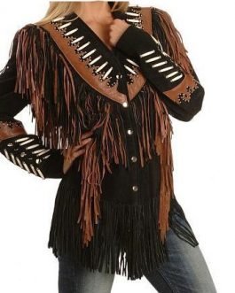 Western Woman’s Black & Brown Buckskin Suede Leather Fringes Cow Girl Jacket WJ1024