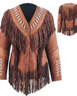 Western Woman’s Brown Buckskin Leather Fringes Cow Girl Jacket WJ1025