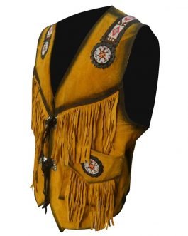 Western Brown Buckskin Suede Leather Native American Turtle Beaded Fringe Vest VJ1026