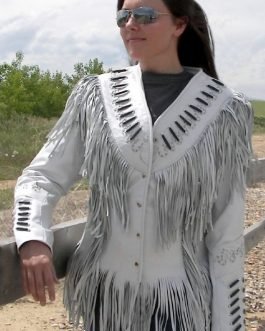 Western Woman’s Beige Buckskin Leather Fringes Cow Girl Jacket WJ1027