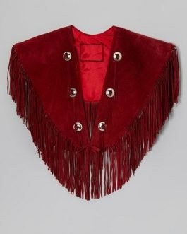 Western Woman’s Red Buckskin Suede Leather Fringes Cow Girl Poncho Cape WVP1030