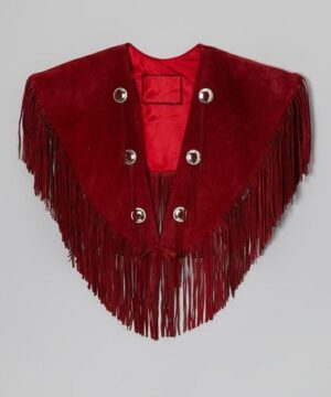 Western Woman's Red Buckskin Suede Leather Fringes Cow Girl Poncho Cape WVP1030