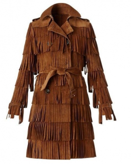 Western Woman’s Brown Buckskin Suede Leather Fringes Long Coat WJ1031