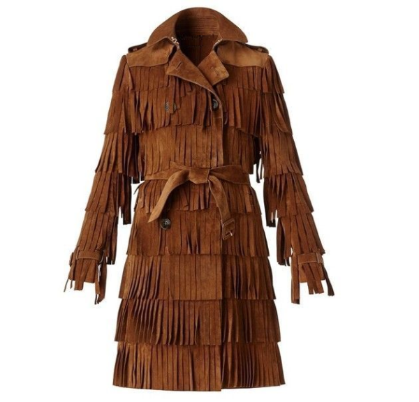 Western Woman's Brown Buckskin Suede Leather Fringes Long Coat WJ1031