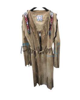 Woman’s Native American Beige Buckskin Leather Fringes Wedding Dress Powwow Regalia PWD350