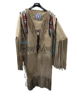 Woman’s Native American Beige Buckskin Leather Fringes Wedding Dress Powwow Regalia PWD350