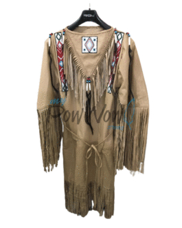 Woman’s Native American Beige Buckskin Leather Fringes Wedding Dress Powwow Regalia PWD351