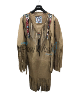 Woman’s Native American Beige Buckskin Leather Fringes Wedding Dress Powwow Regalia PWD351