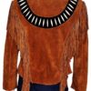 Western Woman's Brown Buckskin Suede Leather Fringes Cow Girl Jacket WJ1042
