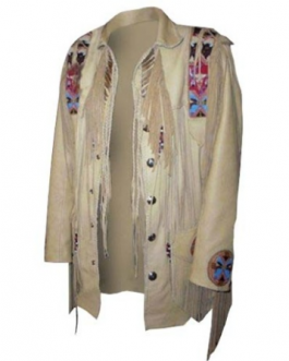 Western Beige Buckskin Leather Native American Beaded Fringe Jacket FJ1042