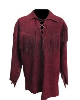 Mens Mountain Man Burgundy Buckskin Suede Leather Fringes Shirt MMB446