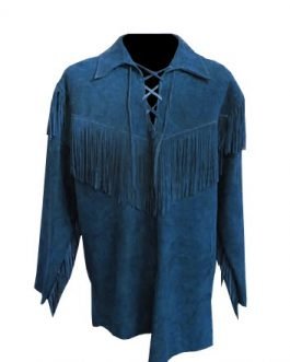 Mens Mountain Man Blue Buckskin Suede Leather Fringes Shirt MMB450