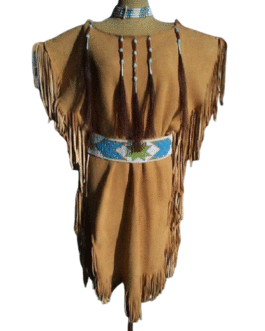 Woman’s Native American Tan Buckskin Leather Fringes Wedding Dress Powwow Regalia WD45